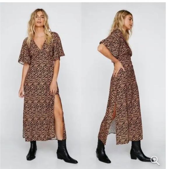 Nasty Gal Tan/Brown and Black Animal Print Short Sleeve Maxi Dress size 0 NWT - Picture 1 of 14